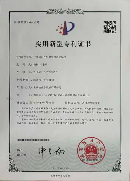 CHINA Changzhou Chenye Warp Knitting Machinery Co., Ltd. zertifizierungen
