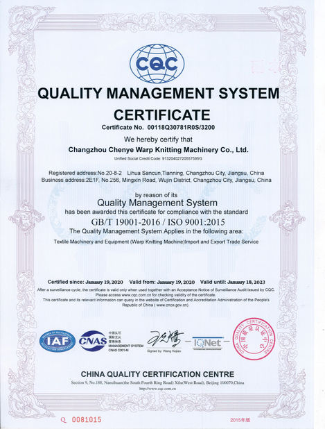 CHINA Changzhou Chenye Warp Knitting Machinery Co., Ltd. zertifizierungen