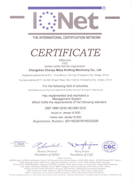 CHINA Changzhou Chenye Warp Knitting Machinery Co., Ltd. zertifizierungen