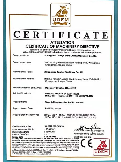 CHINA Changzhou Chenye Warp Knitting Machinery Co., Ltd. zertifizierungen