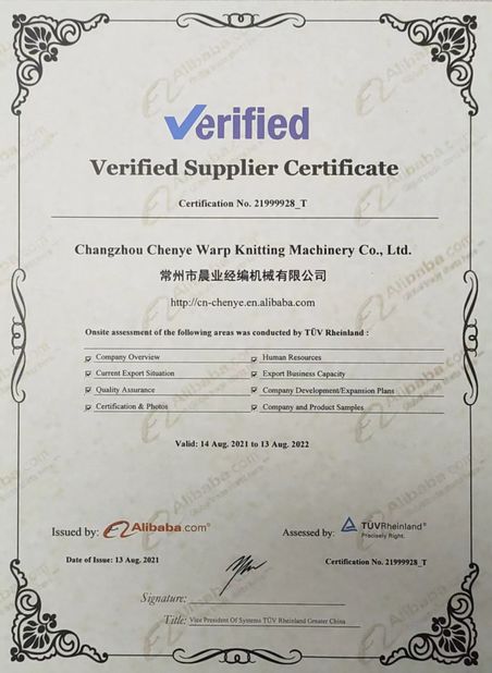 CHINA Changzhou Chenye Warp Knitting Machinery Co., Ltd. zertifizierungen